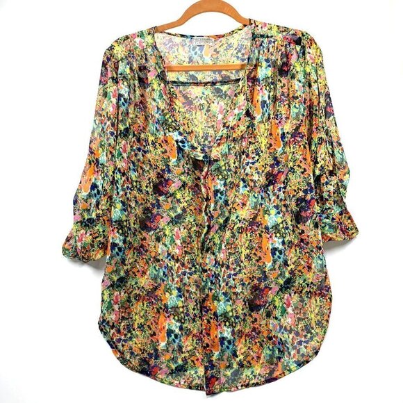 Necessary Clothing Sheer Floral Rouched Sleeve Blouse Multicolor Size Large - Picture 1 of 4